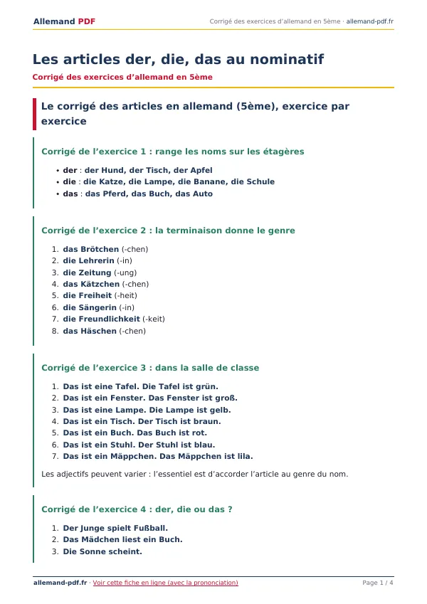Corrigé « Les articles der, die, das au nominatif » en PDF