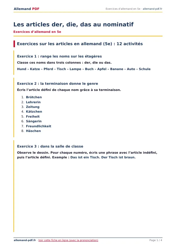 Exercices « Les articles der, die, das au nominatif » en PDF