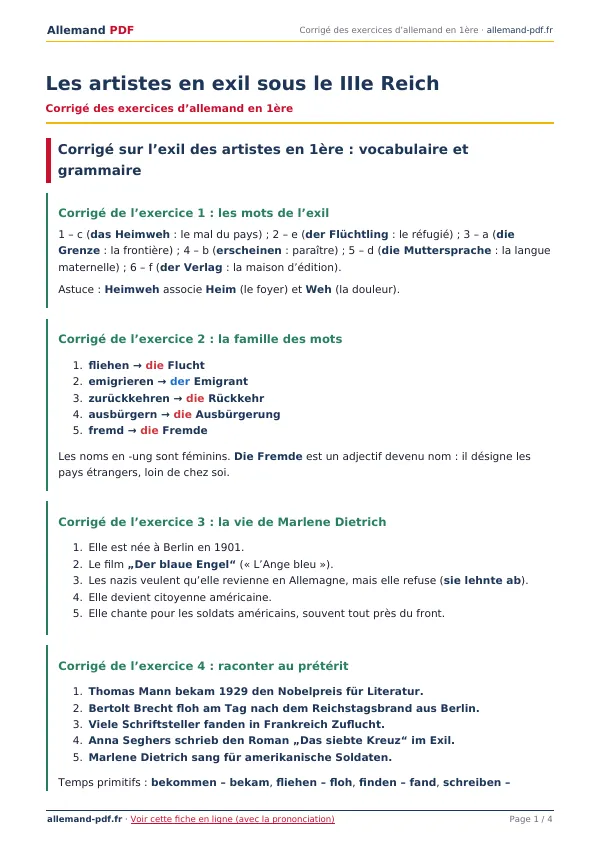 Corrigé « Les artistes en exil sous le IIIe Reich » en PDF