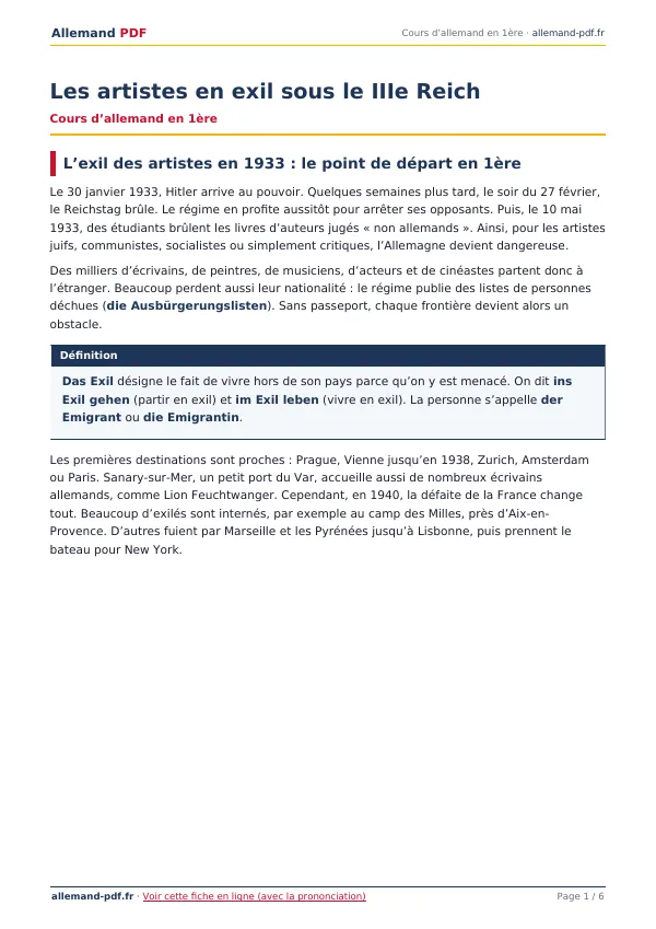 Cours « Les artistes en exil sous le IIIe Reich » en PDF