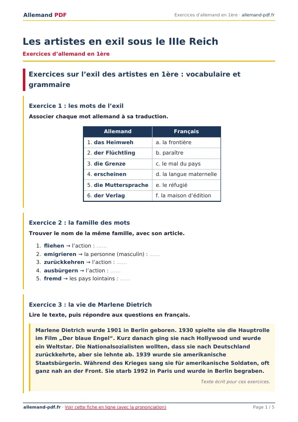 Exercices « Les artistes en exil sous le IIIe Reich » en PDF