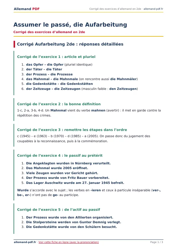 Corrigé « Assumer le passé, die Aufarbeitung » en PDF