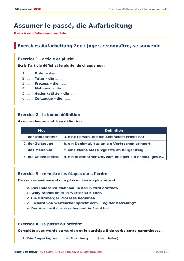 Exercices « Assumer le passé, die Aufarbeitung » en PDF