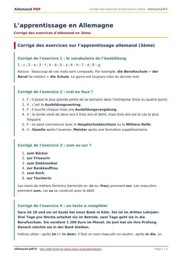 Corrigé « L’apprentissage en Allemagne » en PDF