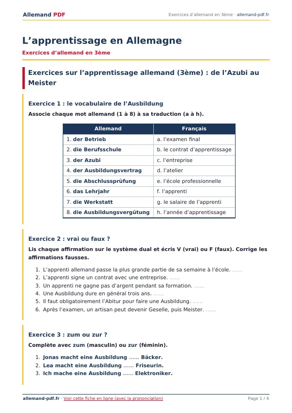 Exercices « L’apprentissage en Allemagne » en PDF