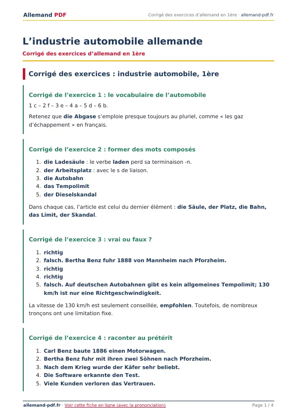 Corrigé « L’industrie automobile allemande » en PDF