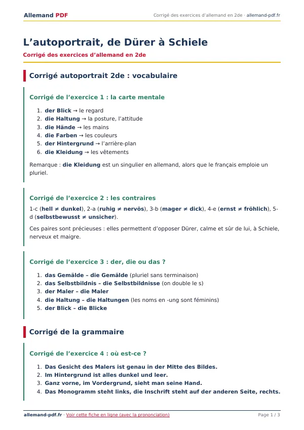 Corrigé « L’autoportrait, de Dürer à Schiele » en PDF