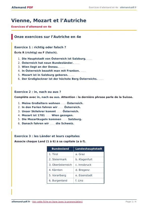 Exercices « Vienne, Mozart et l’Autriche » en PDF