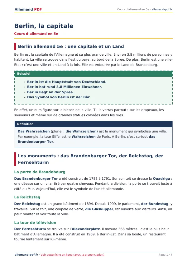 Cours « Berlin, la capitale » en PDF