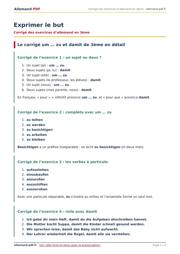 Corrigé « Exprimer le but » en PDF