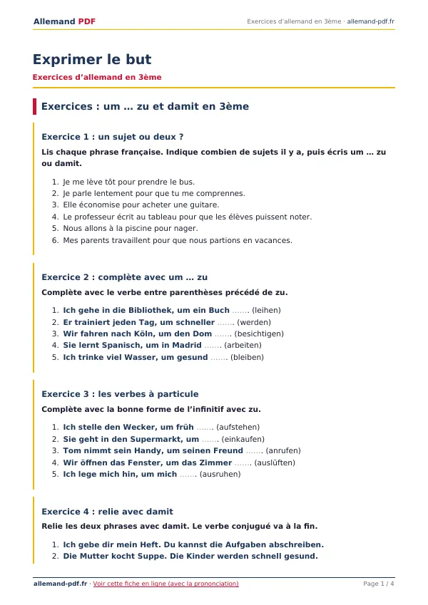Exercices « Exprimer le but » en PDF