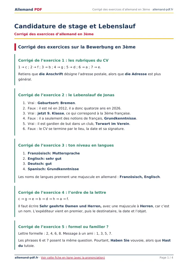 Corrigé « Candidature de stage et Lebenslauf » en PDF