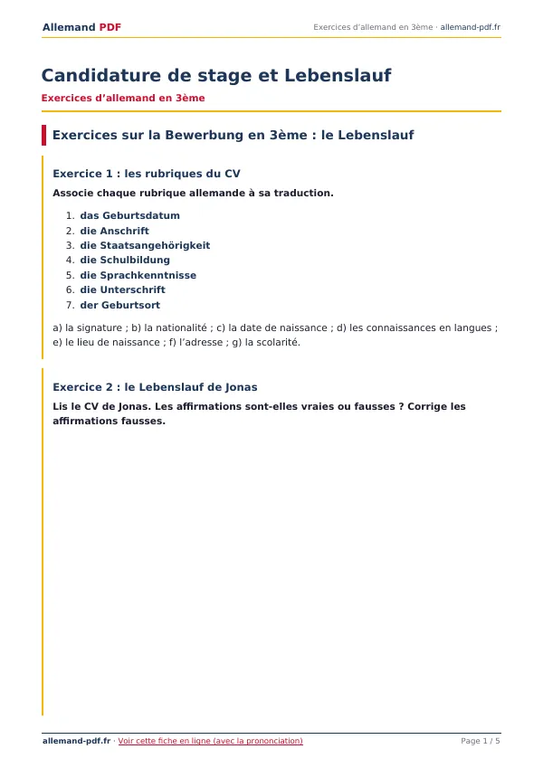 Exercices « Candidature de stage et Lebenslauf » en PDF
