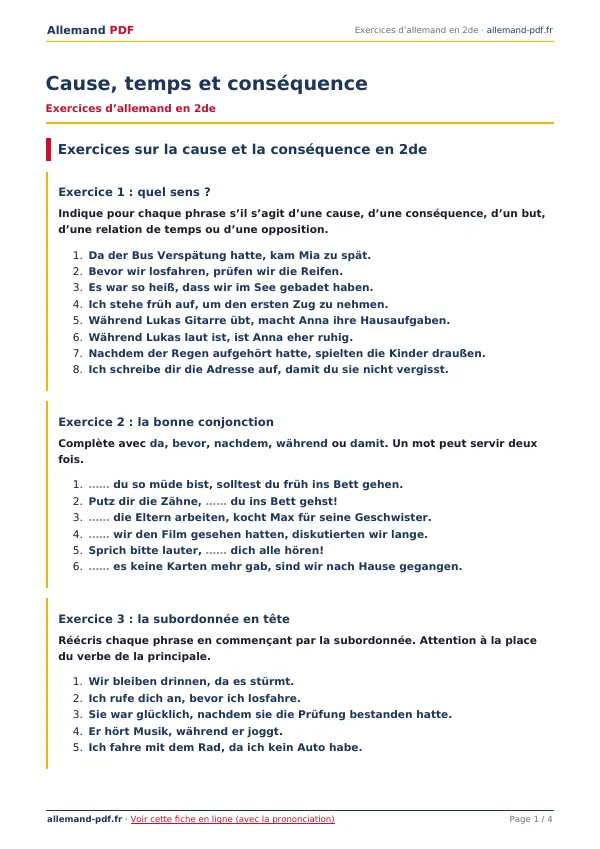 Exercices « Cause, temps et conséquence » en PDF