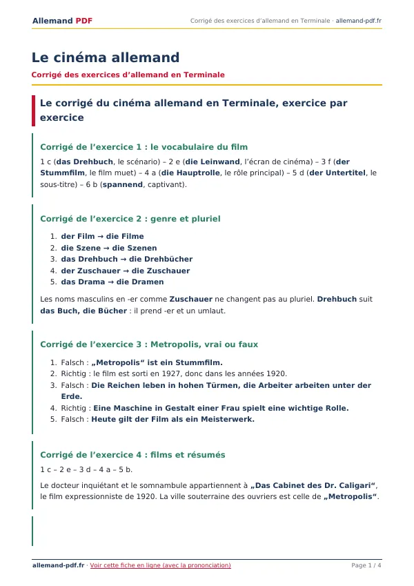 Corrigé « Le cinéma allemand » en PDF