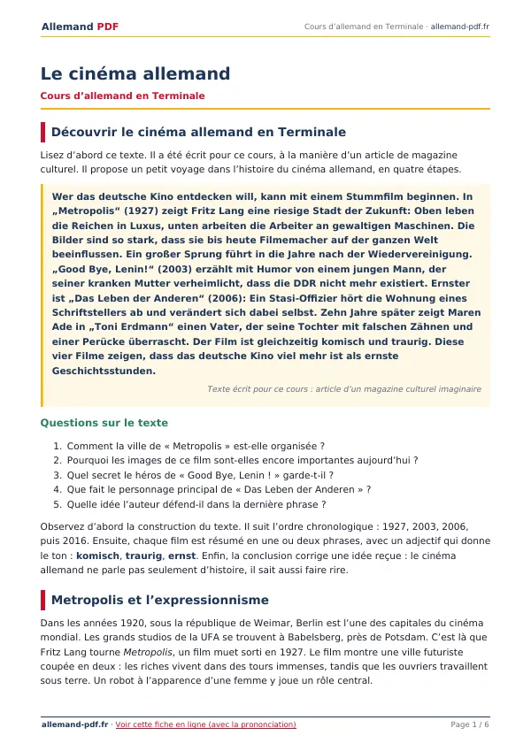 Cours « Le cinéma allemand » en PDF