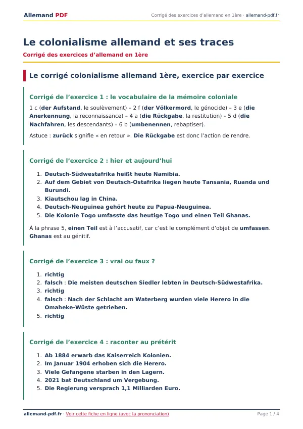 Corrigé « Le colonialisme allemand et ses traces » en PDF