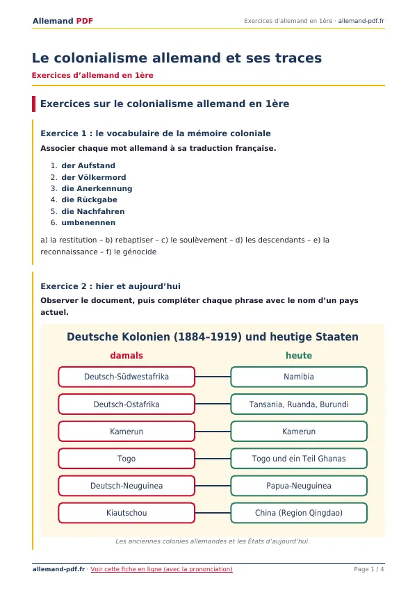 Exercices « Le colonialisme allemand et ses traces » en PDF