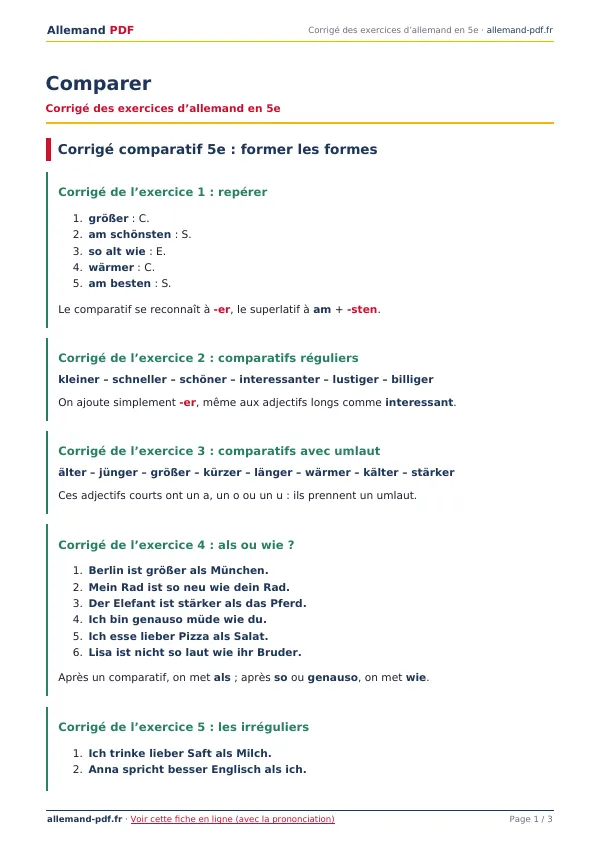 Corrigé « Comparer » en PDF