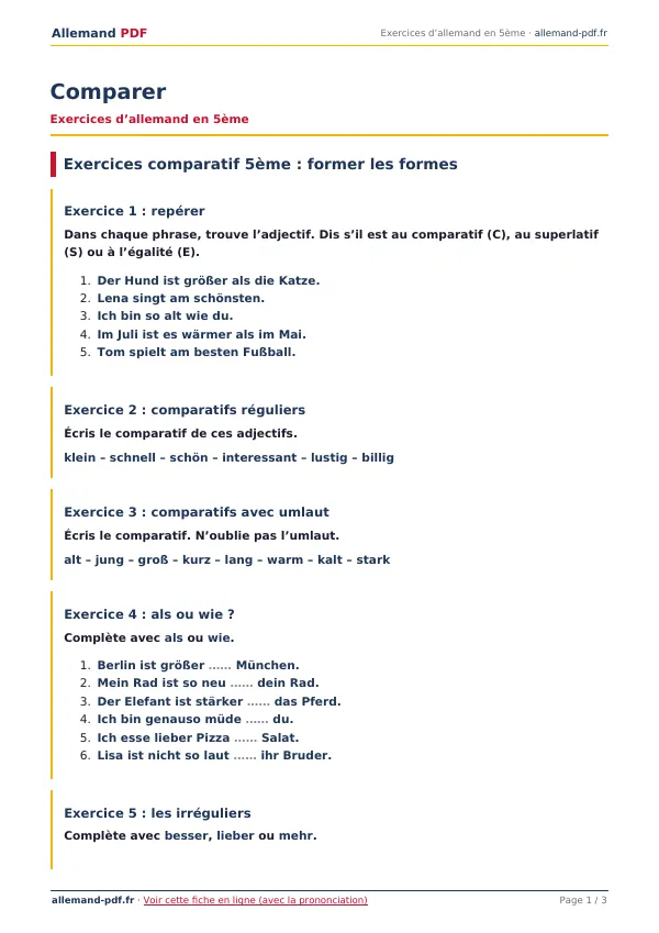 Exercices « Comparer » en PDF