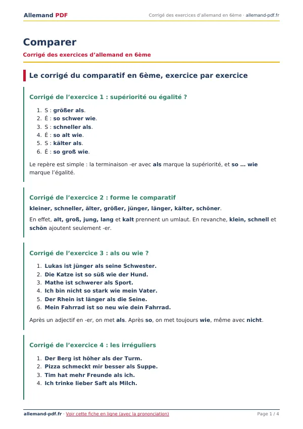Corrigé « Comparer » en PDF