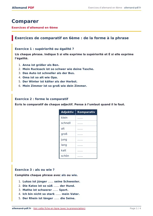Exercices « Comparer » en PDF
