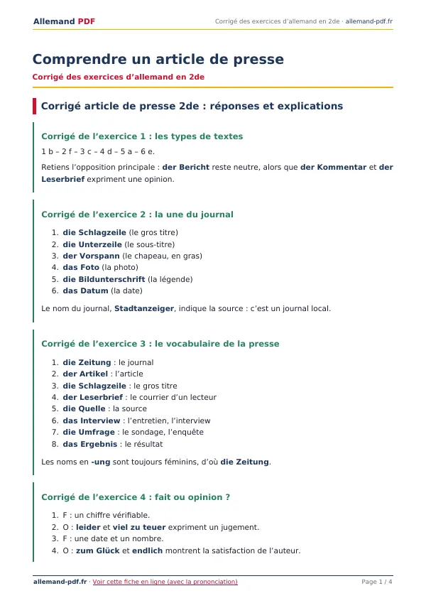 Corrigé « Comprendre un article de presse » en PDF