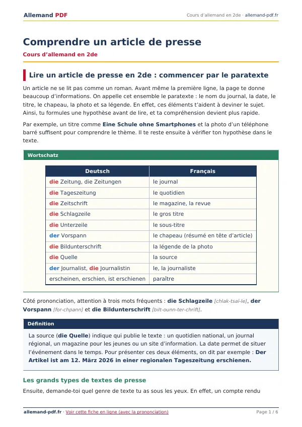 Cours « Comprendre un article de presse » en PDF
