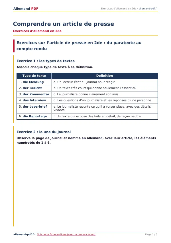 Exercices « Comprendre un article de presse » en PDF