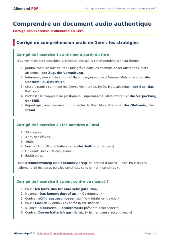 Corrigé « Comprendre un document audio authentique » en PDF