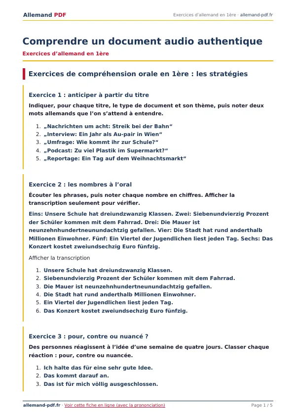 Exercices « Comprendre un document audio authentique » en PDF