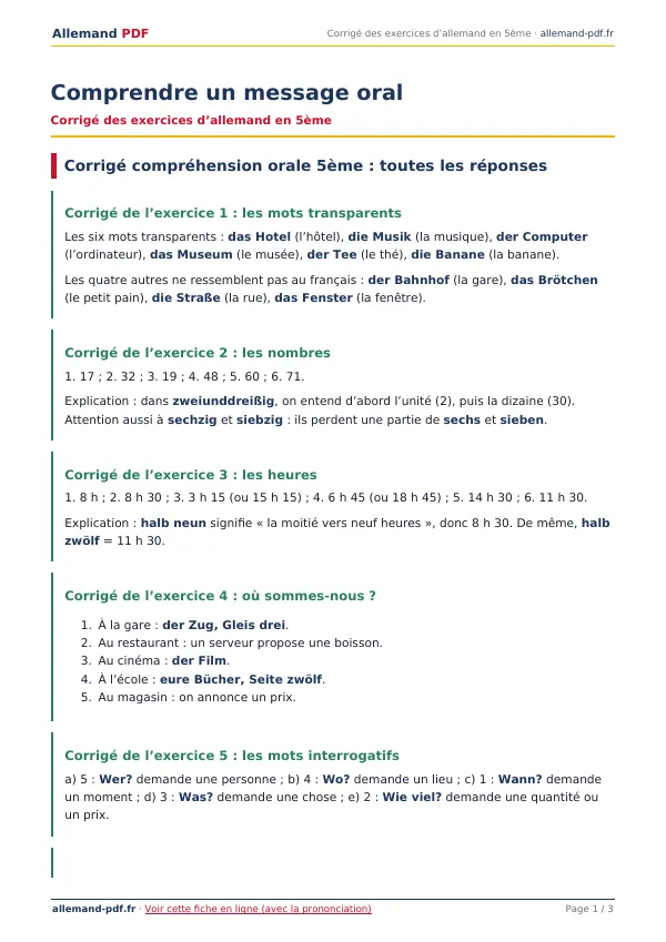 Corrigé « Comprendre un message oral » en PDF