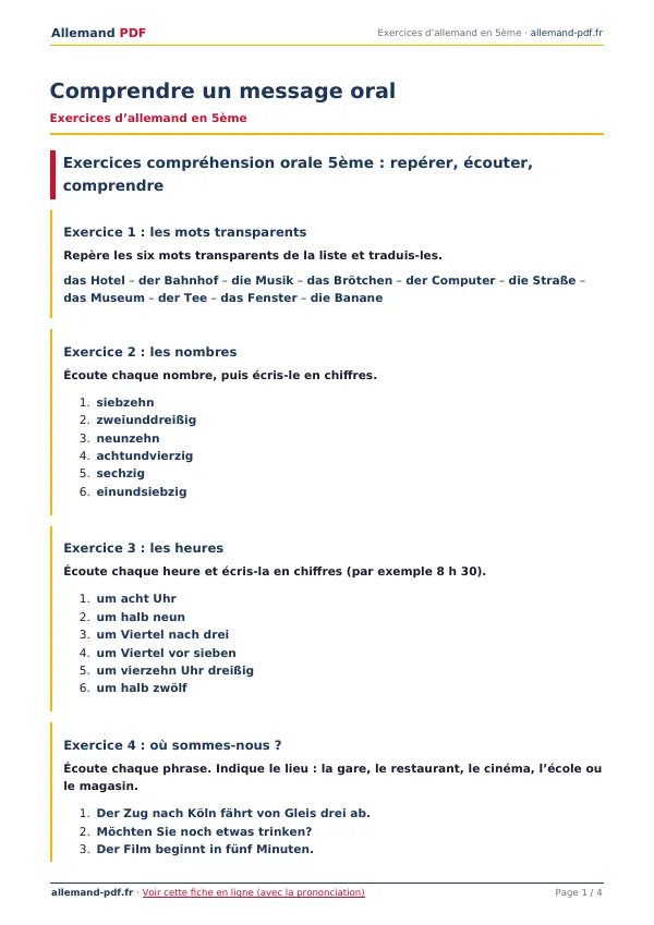Exercices « Comprendre un message oral » en PDF