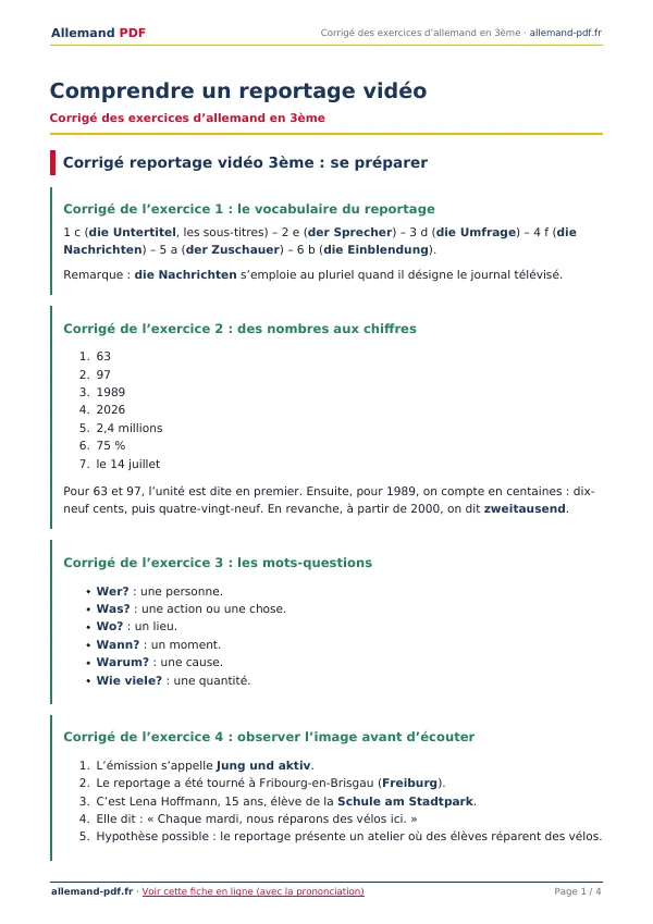 Corrigé « Comprendre un reportage vidéo » en PDF