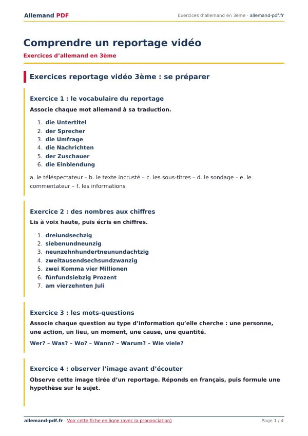 Exercices « Comprendre un reportage vidéo » en PDF