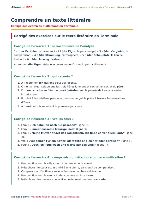 Corrigé « Comprendre un texte littéraire » en PDF