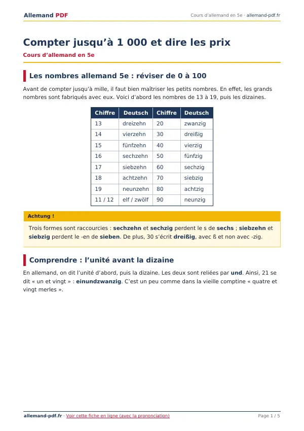 Cours « Compter jusqu’à 1 000 et dire les prix » en PDF