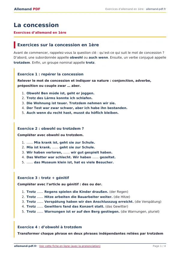 Exercices « La concession » en PDF