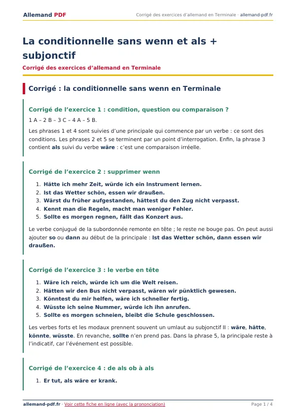 Corrigé « La conditionnelle sans wenn et als + subjonctif » en PDF