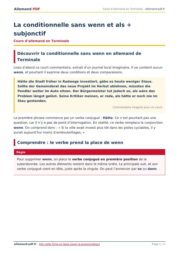 Cours « La conditionnelle sans wenn et als + subjonctif » en PDF