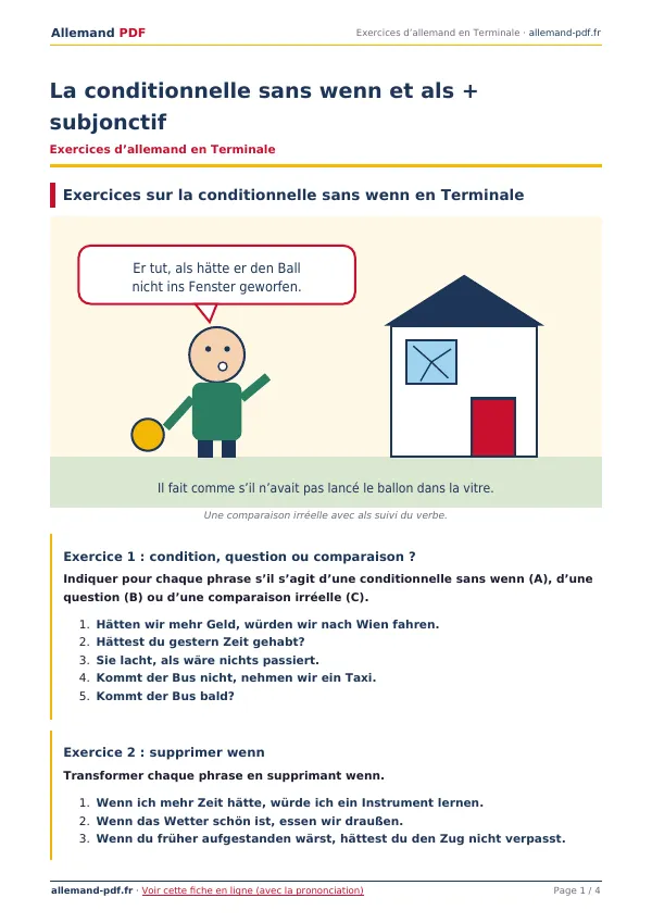 Exercices « La conditionnelle sans wenn et als + subjonctif » en PDF