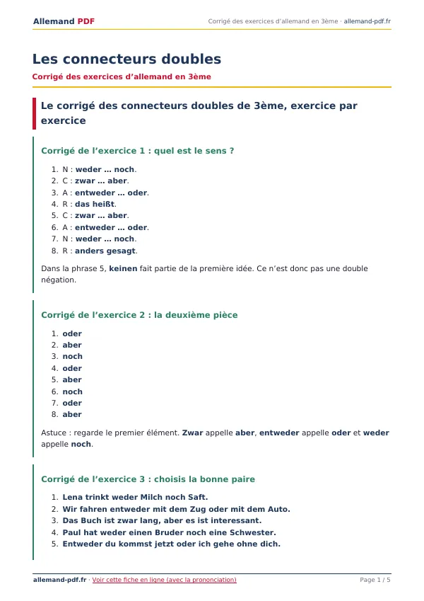 Corrigé « Les connecteurs doubles » en PDF