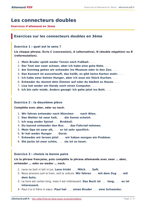 Exercices « Les connecteurs doubles » en PDF