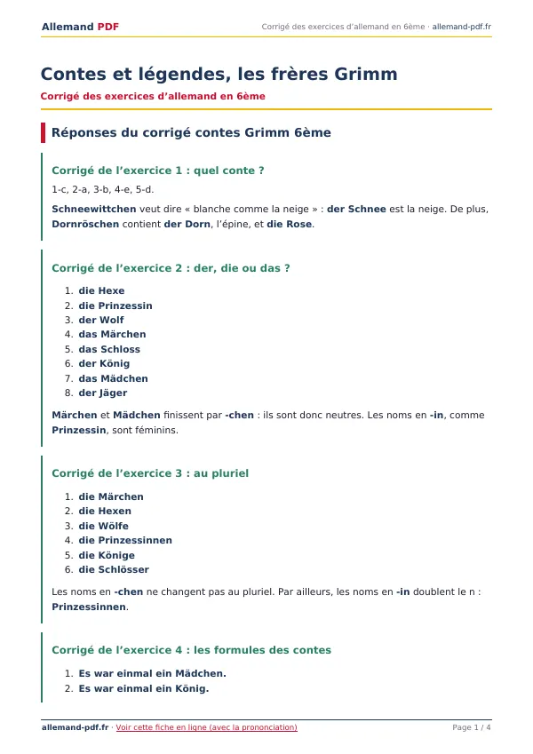 Corrigé « Contes et légendes, les frères Grimm » en PDF