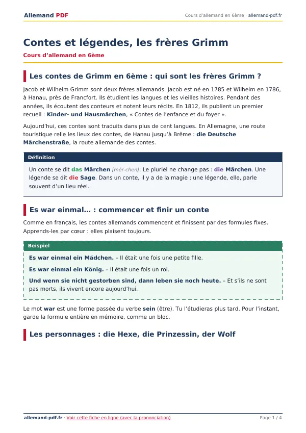 Cours « Contes et légendes, les frères Grimm » en PDF