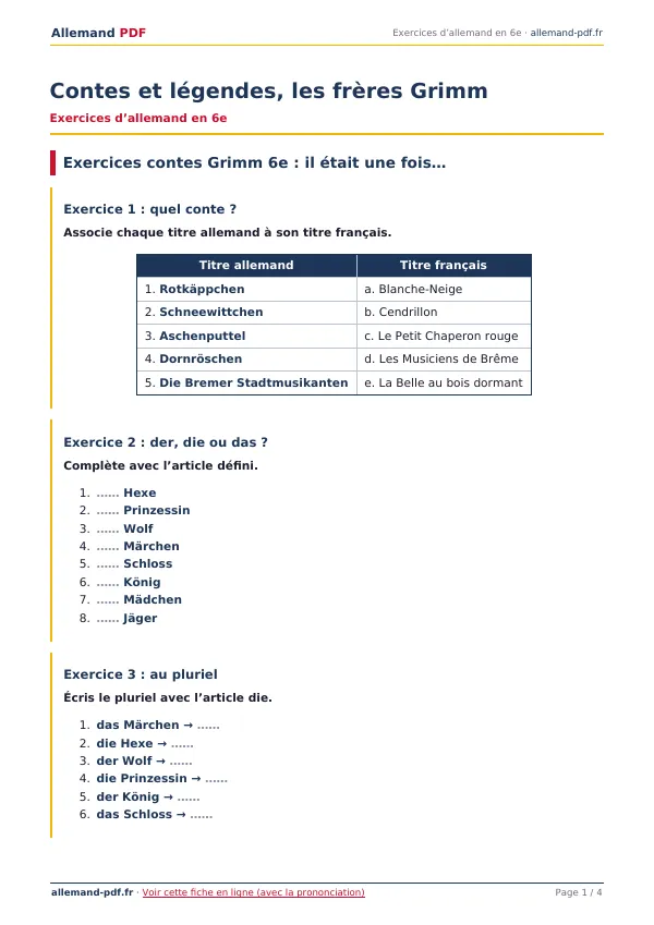 Exercices « Contes et légendes, les frères Grimm » en PDF