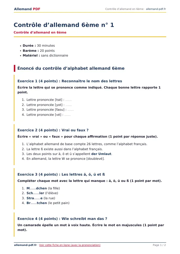Contrôle « Contrôle d’allemand 6ème n° 1 » en PDF