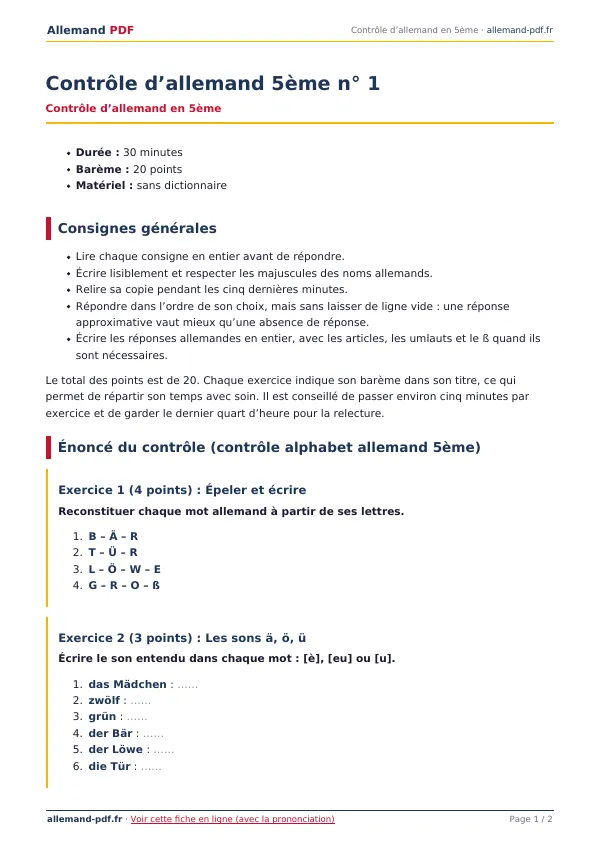 Contrôle « Contrôle d’allemand 5ème n° 1 » en PDF