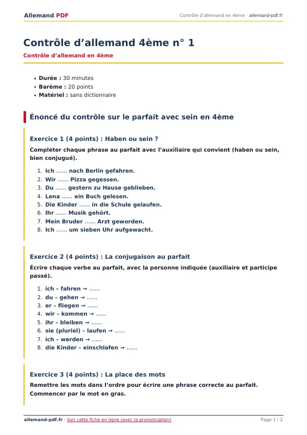 Contrôle « Contrôle d’allemand 4ème n° 1 » en PDF
