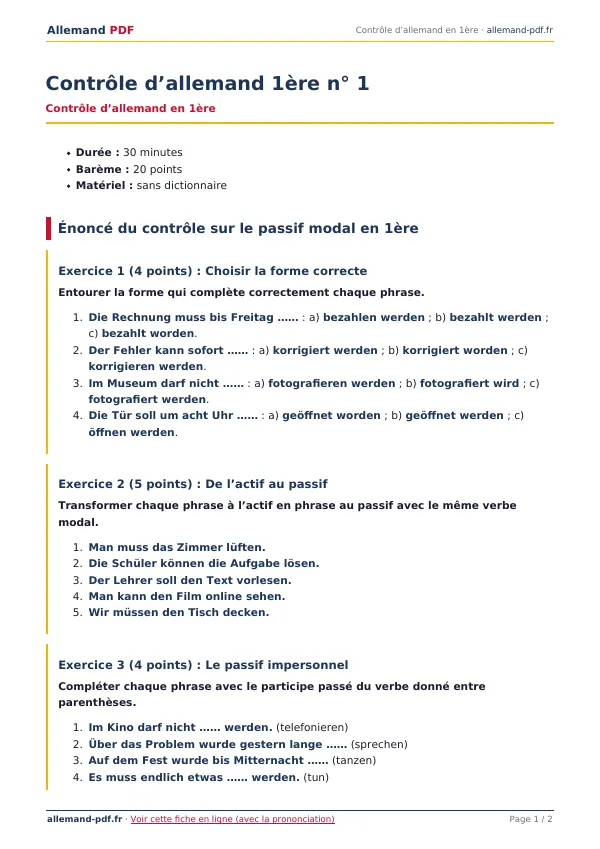Contrôle « Contrôle d’allemand 1ère n° 1 » en PDF